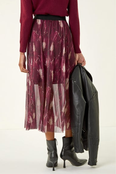 Roman Bordeaux Abstract Print Mesh Overlay Skirt