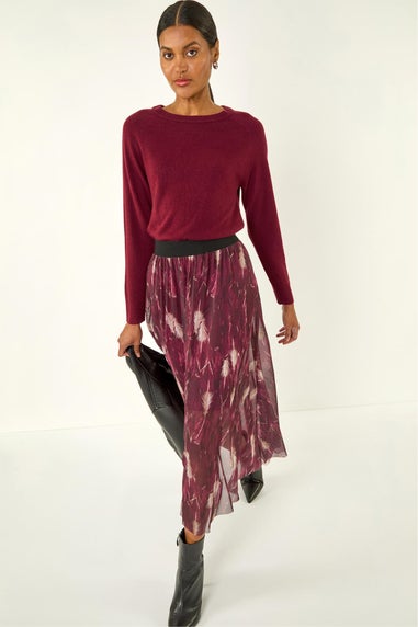 Roman Bordeaux Abstract Print Mesh Overlay Skirt