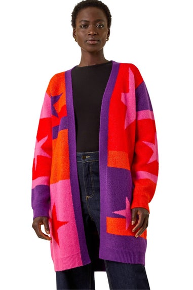 Roman Purple Star Print Longline Stretch Cardigan