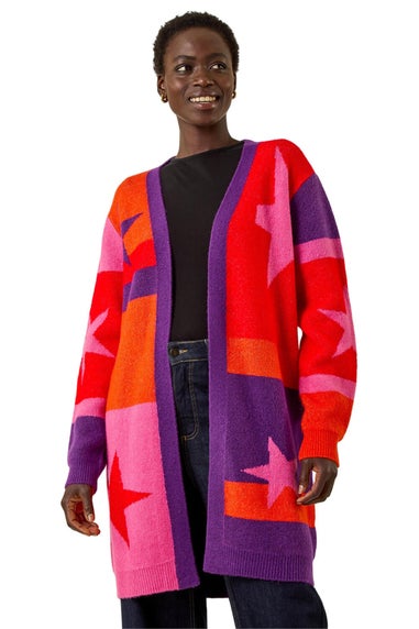 Roman Purple Star Print Longline Stretch Cardigan