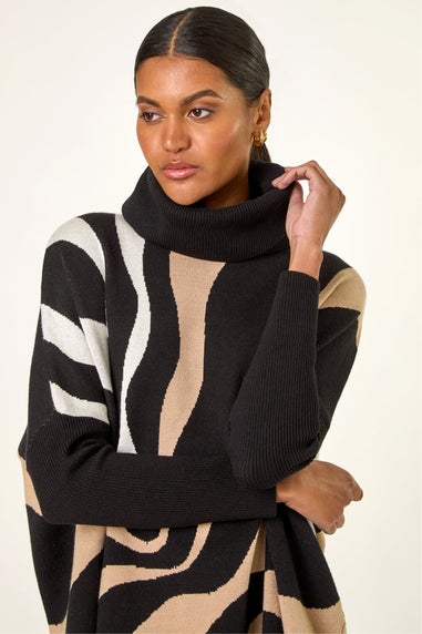 Roman Black Wave Print Roll Neck Knit Jumper