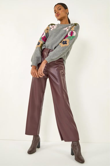 Roman Wine Faux Leather Wide Leg Crop Trousers