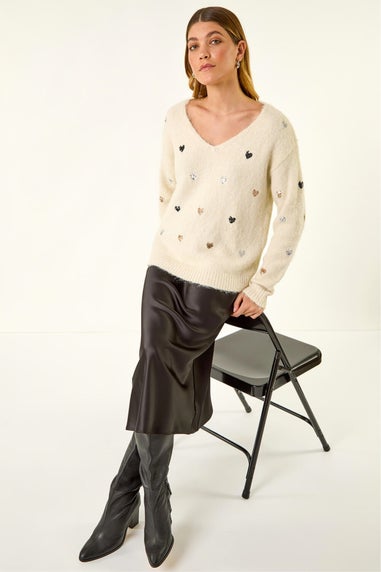 Roman Ivory Sequin Heart Fluffy Knit Jumper