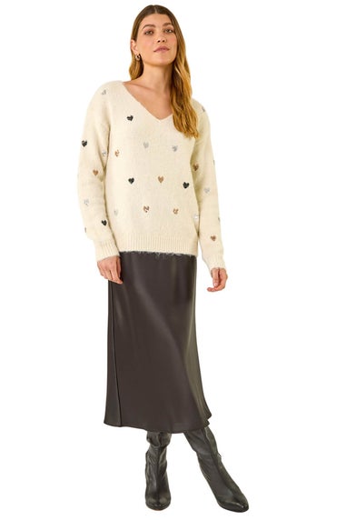Roman Ivory Sequin Heart Fluffy Knit Jumper