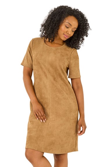 Roman Tan Petite Premium Stretch Suede Shift Dress