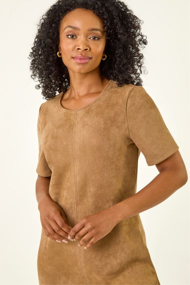 Roman Tan Petite Premium Stretch Suede Shift Dress