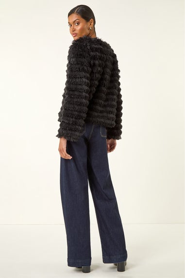 Roman Black Faux Fur Fluffy Layered Jacket