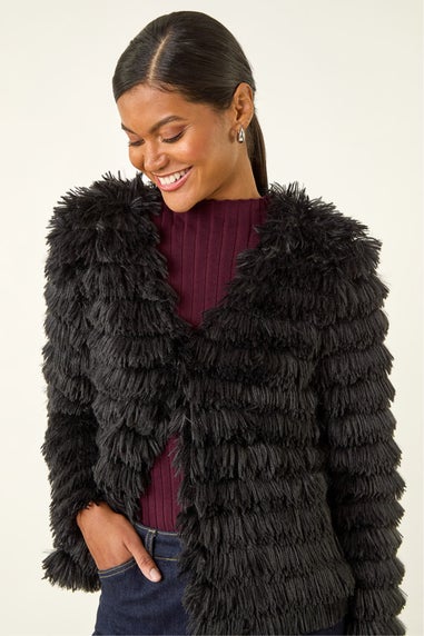 Roman Black Faux Fur Fluffy Layered Jacket