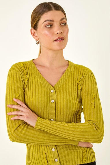 Roman Lime Sequin Ruffle Buttoned Knit Top