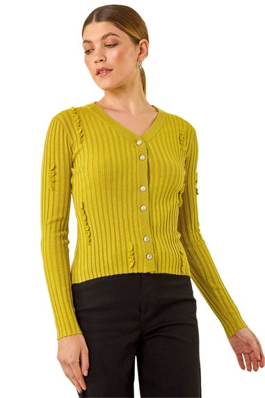 Roman Lime Sequin Ruffle Buttoned Knit Top