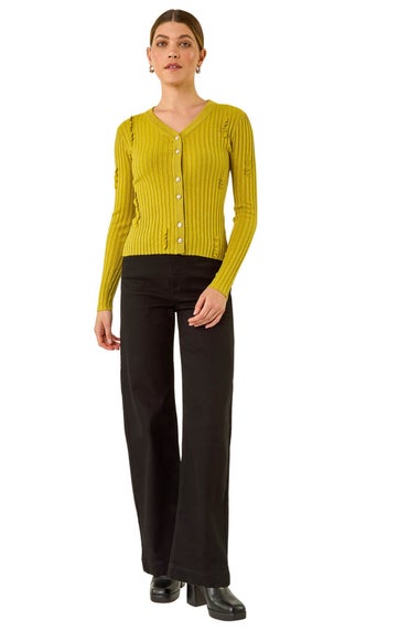 Roman Lime Sequin Ruffle Buttoned Knit Top