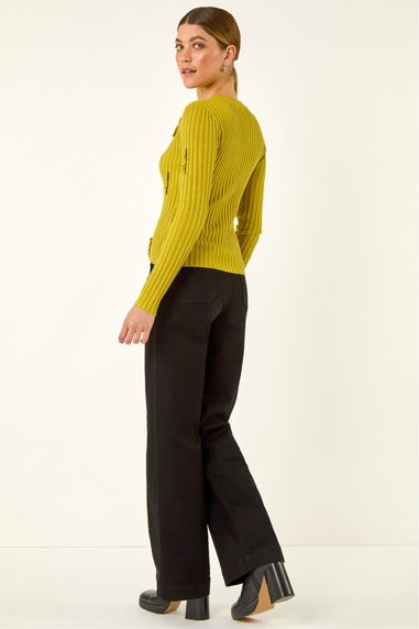 Roman Lime Sequin Ruffle Buttoned Knit Top