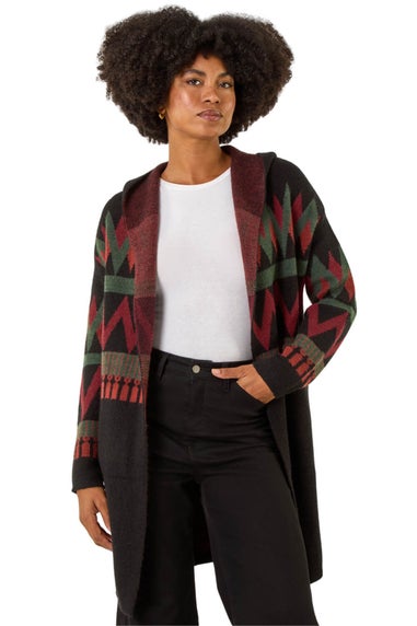 Roman Black Nordic Pattern Hooded Knit Cardigan