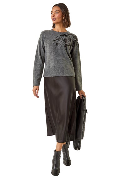 Roman Dark Grey Floral Sequin Knit Jumper