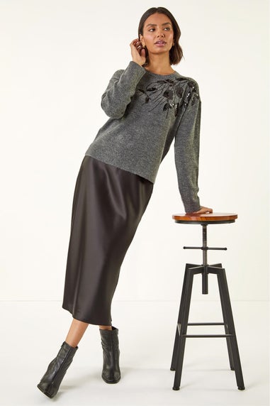 Roman Dark Grey Floral Sequin Knit Jumper