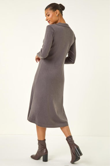 Roman Dark Grey Scallop Detail Knitted Midi Dress