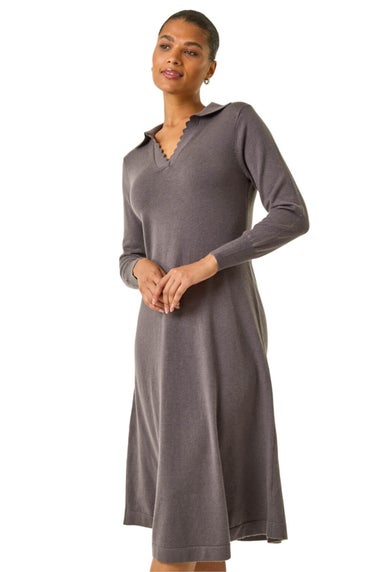 Roman Dark Grey Scallop Detail Knitted Midi Dress