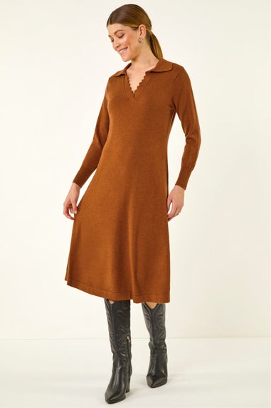 Roman Copper Scallop Detail Knitted Midi Dress
