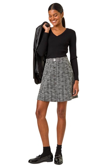 Roman Black Buttoned Textured Skirt