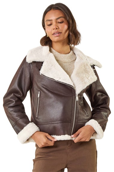 Roman Brown Contrast Aviator Fur Coat