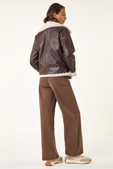 Roman Brown Contrast Aviator Fur Coat