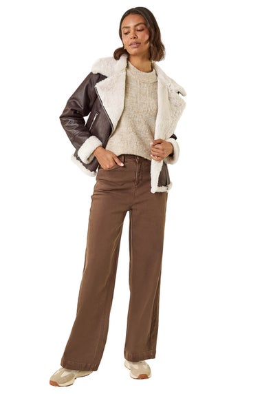 Roman Brown Contrast Aviator Fur Coat