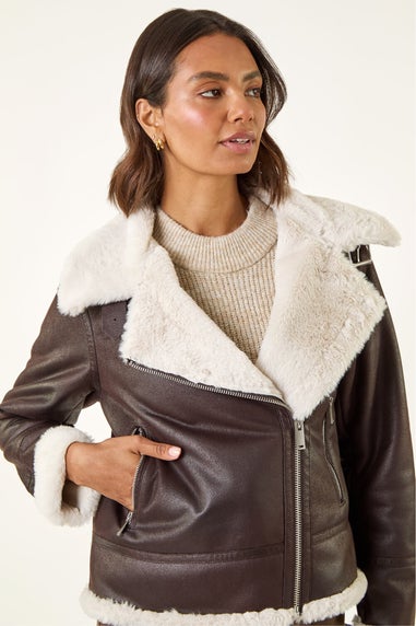 Roman Brown Contrast Aviator Fur Coat
