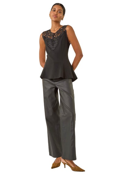 Roman Black Lace Ponte Peplum Top
