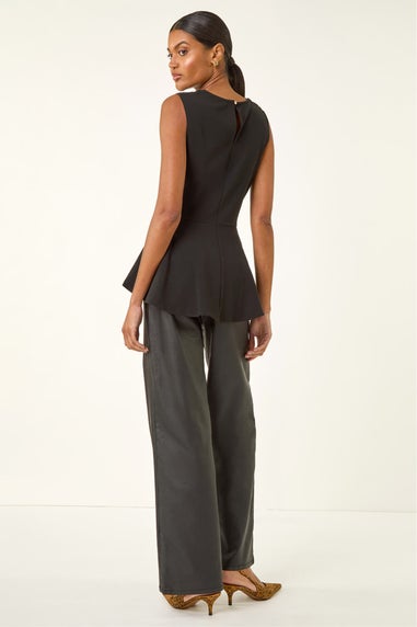 Roman Black Lace Ponte Peplum Top
