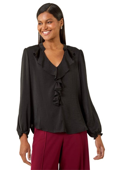Roman Black Satin Ruffle Neck Blouse