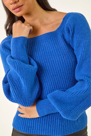 Dusk Royal Blue Ribbed Blouson Knit Jumper