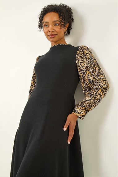 Roman Black Petite Contrast Frill Stretch Dress