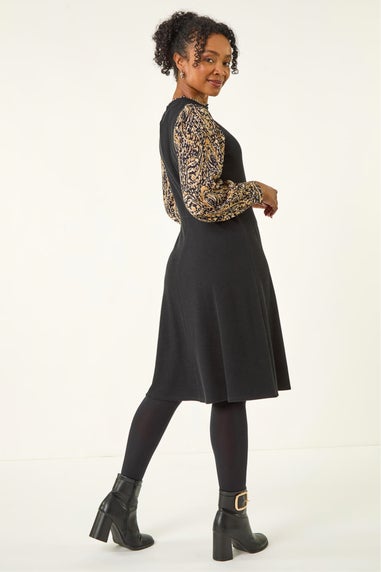 Roman Black Petite Contrast Frill Stretch Dress