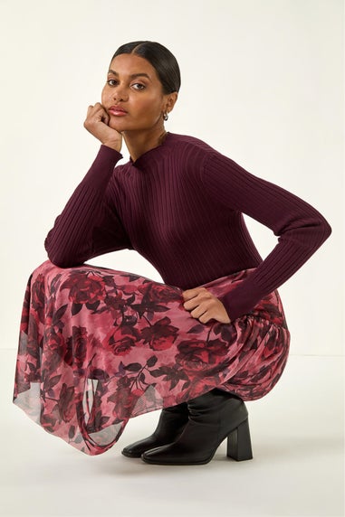 Roman Red Rose Print Mesh Layered Skirt