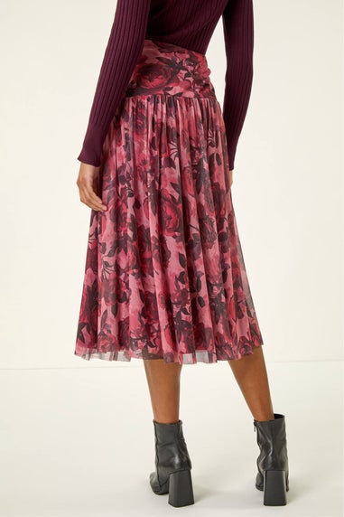 Roman Red Rose Print Mesh Layered Skirt