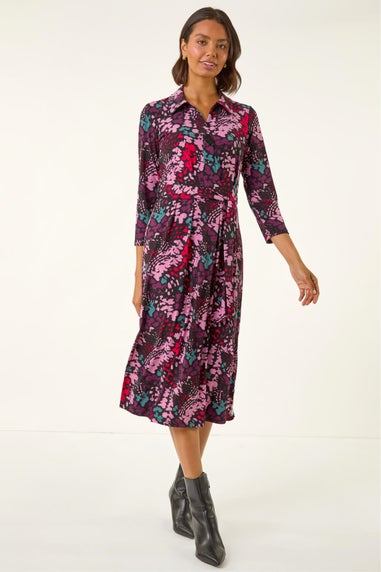 Roman Pink Abstract Buttoned Shirt Midi Dress