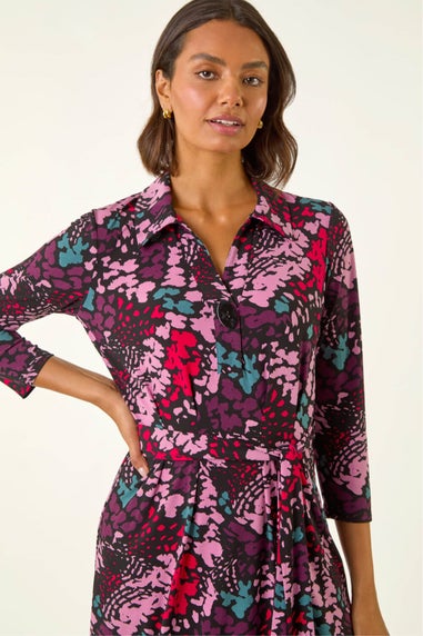 Roman Pink Abstract Buttoned Shirt Midi Dress