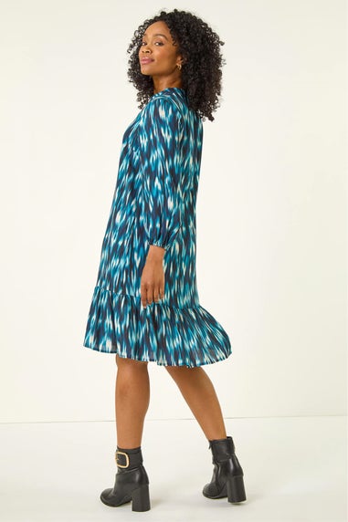 Roman Teal Petite Ikat Print Tiered Hem Dress