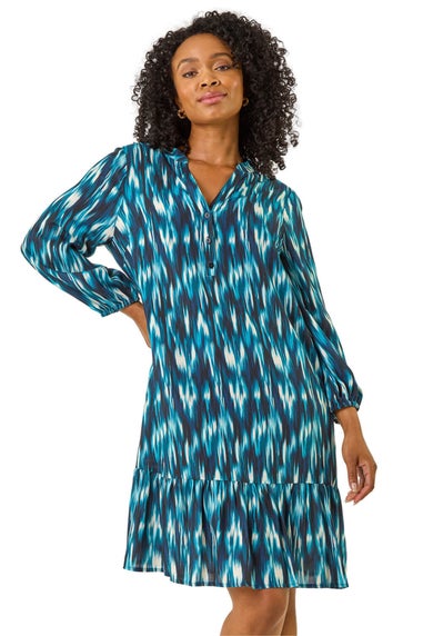 Roman Teal Petite Ikat Print Tiered Hem Dress