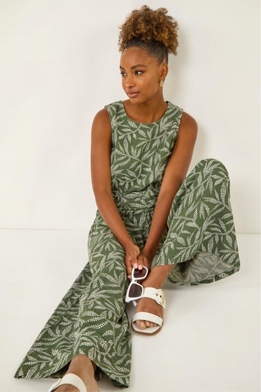 Roman Khaki Leaf Print Linen Mix Wide Leg Trouser