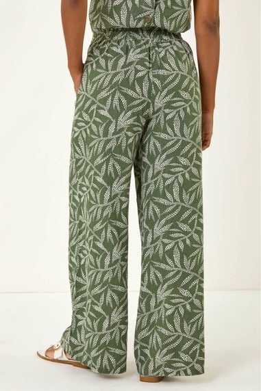 Roman Khaki Leaf Print Linen Mix Wide Leg Trouser