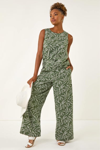 Roman Khaki Leaf Print Linen Mix Wide Leg Trouser
