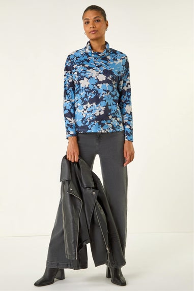 Roman Blue Floral Print Cowl Neck Top