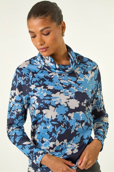 Roman Blue Floral Print Cowl Neck Top