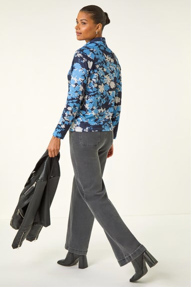 Roman Blue Floral Print Cowl Neck Top
