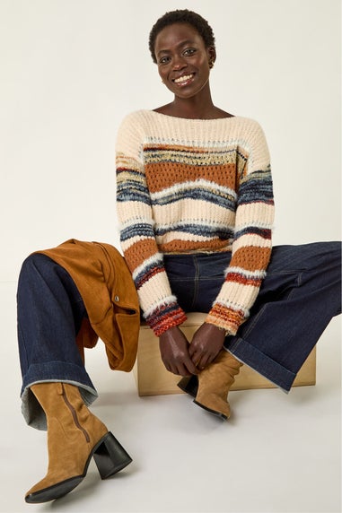 Roman Brown Jacquard Crew Neck Knit Jumper