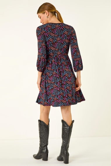 Roman Purple Print Trim Detail Stretch Dress