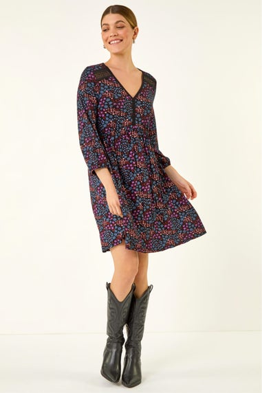 Roman Purple Print Trim Detail Stretch Dress