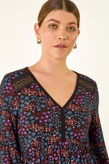 Roman Purple Print Trim Detail Stretch Dress