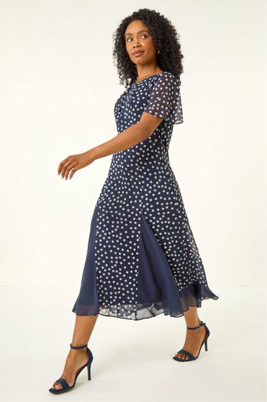 Roman Navy Petite Spot Print Godet Hem Midi Dress